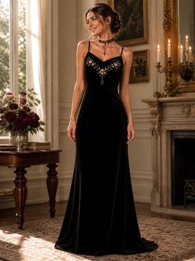 Dave & Johnny Black Velvet Beaded Prom Dress Sheer Back Y2K Formal Gown 15/16